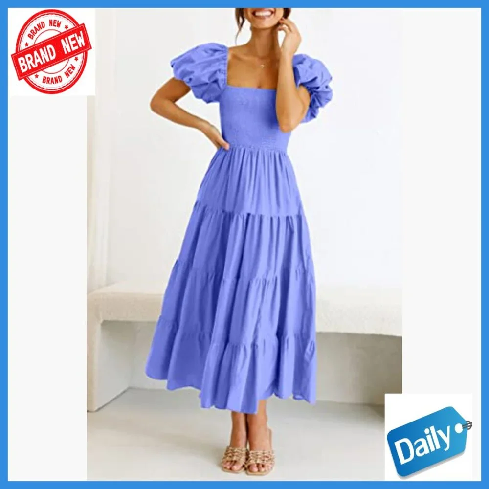 Puffy Sleeve Square Neck Smocked Midi Dress Tiered Ruffle Summer Casual - Picture 2 of 7